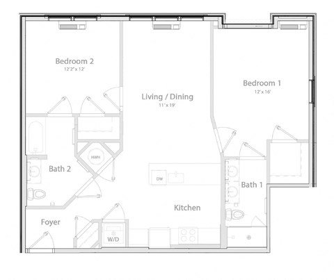 Floor plan for 2 beds, 2 baths, 1100 sqft